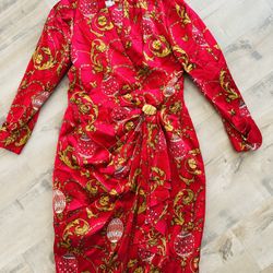 Vintage 100% Silk Dress Made in Korea | Baroque Red Gold Draped From Size 12