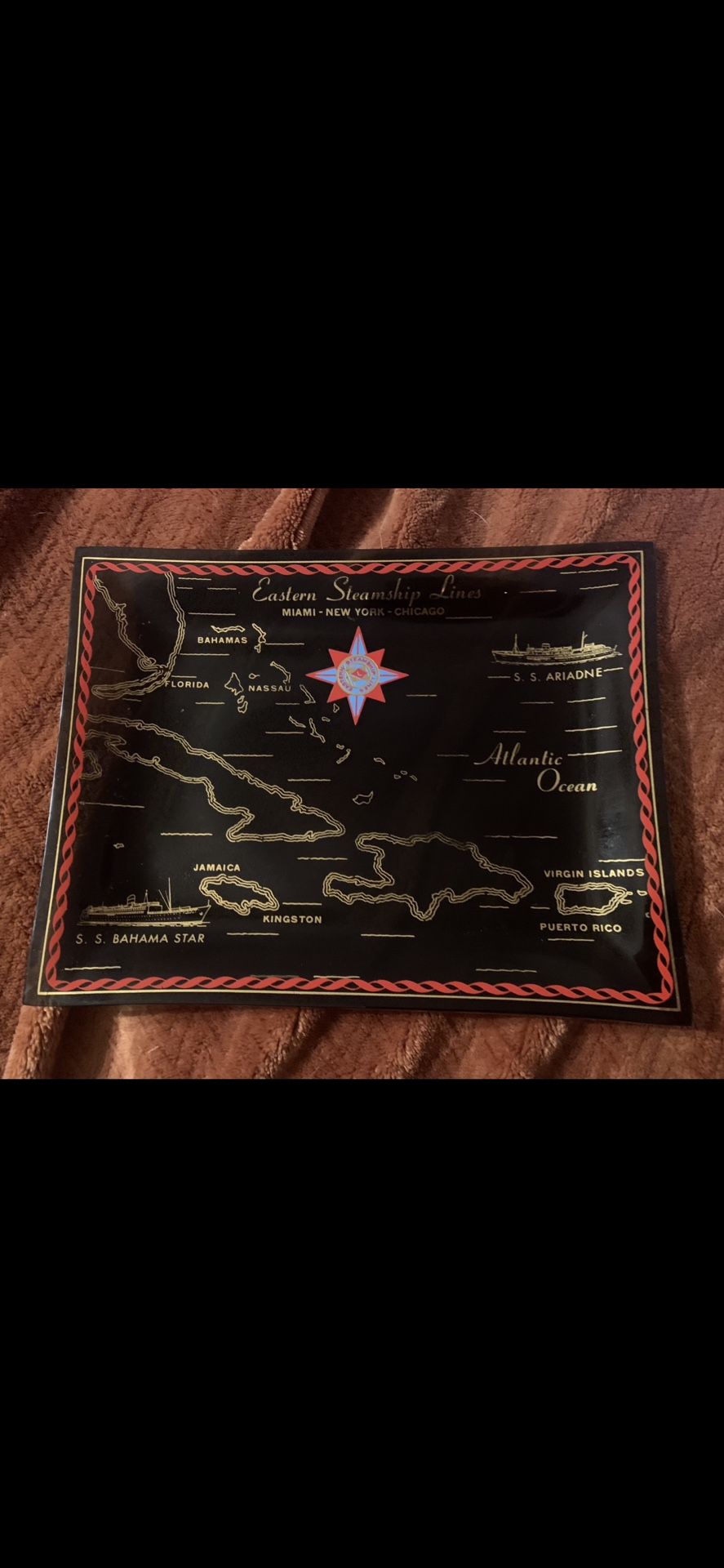 Eastern Steamship Lines  Smoked Glass MCM 1950’s-1960’s Map Tray / SS Bahama Star / SS Ariadne