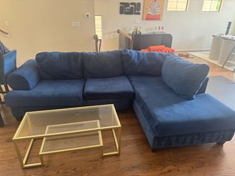Large Navy Blue Sectional Sofa + Gold Glass Nesting Coffee Table