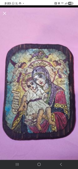 Religious hand painted icon Jesus Christ Virgin Mary
