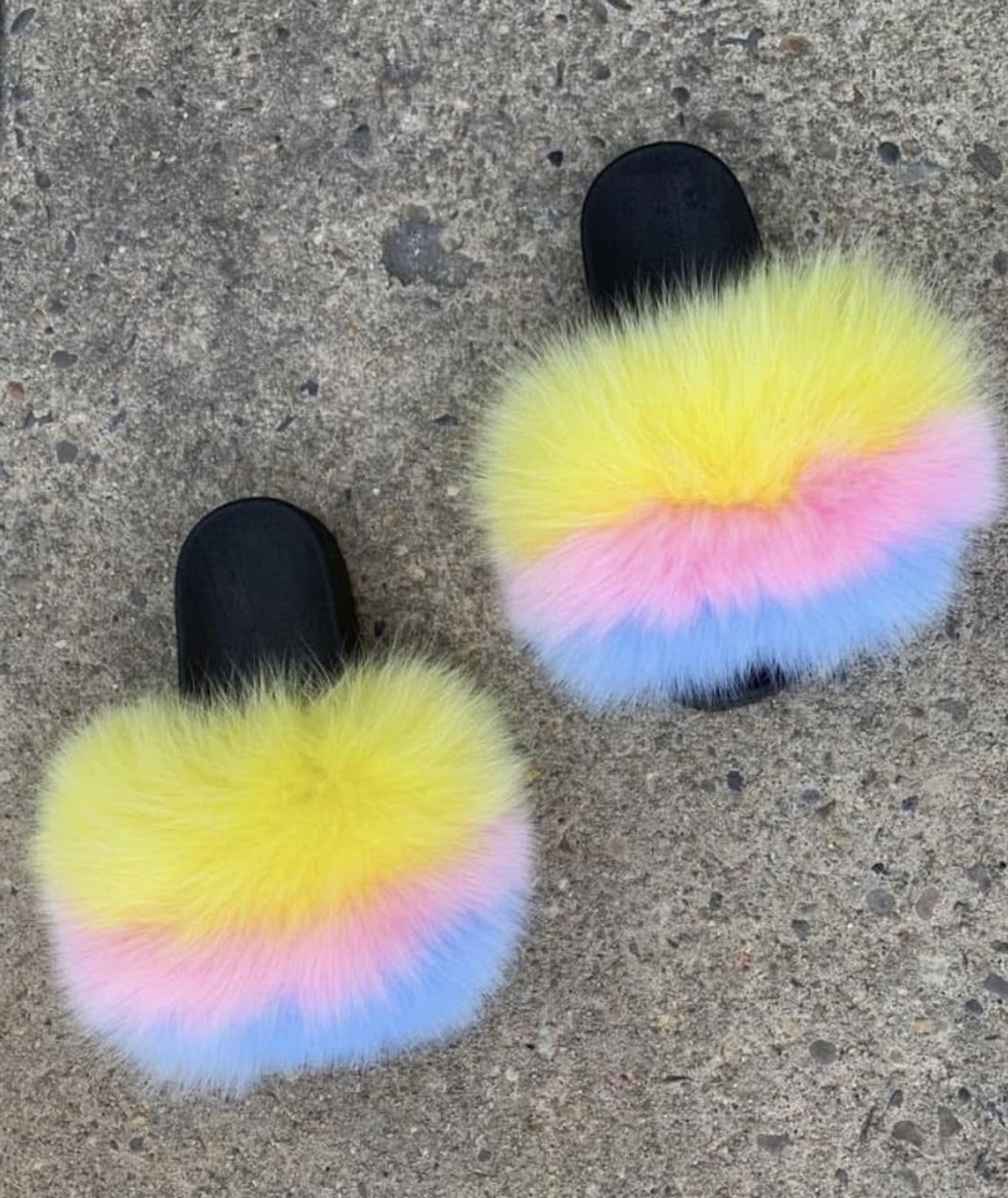 Yellow Pink And Blue Custom Genuine Fur Slides Sizes 6,7,8 Message True Size And Order
