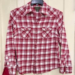 Eddie Bauer women’s red and white plaid western shirt with pearl snaps medium