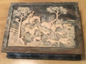 Genuine Incolay Stone Vintage Jewelry Box with Fox Hunting Scene