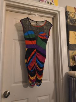 Rainbow Striped Bodycon Dress with Mesh Neckline