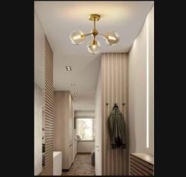 Open box KCO Lighting Globe Glass Sputnik Chandelier 3-Light Brass Gold Close to Ceiling Light Mid Century Flush Mount Ceiling Light for Kitchen I