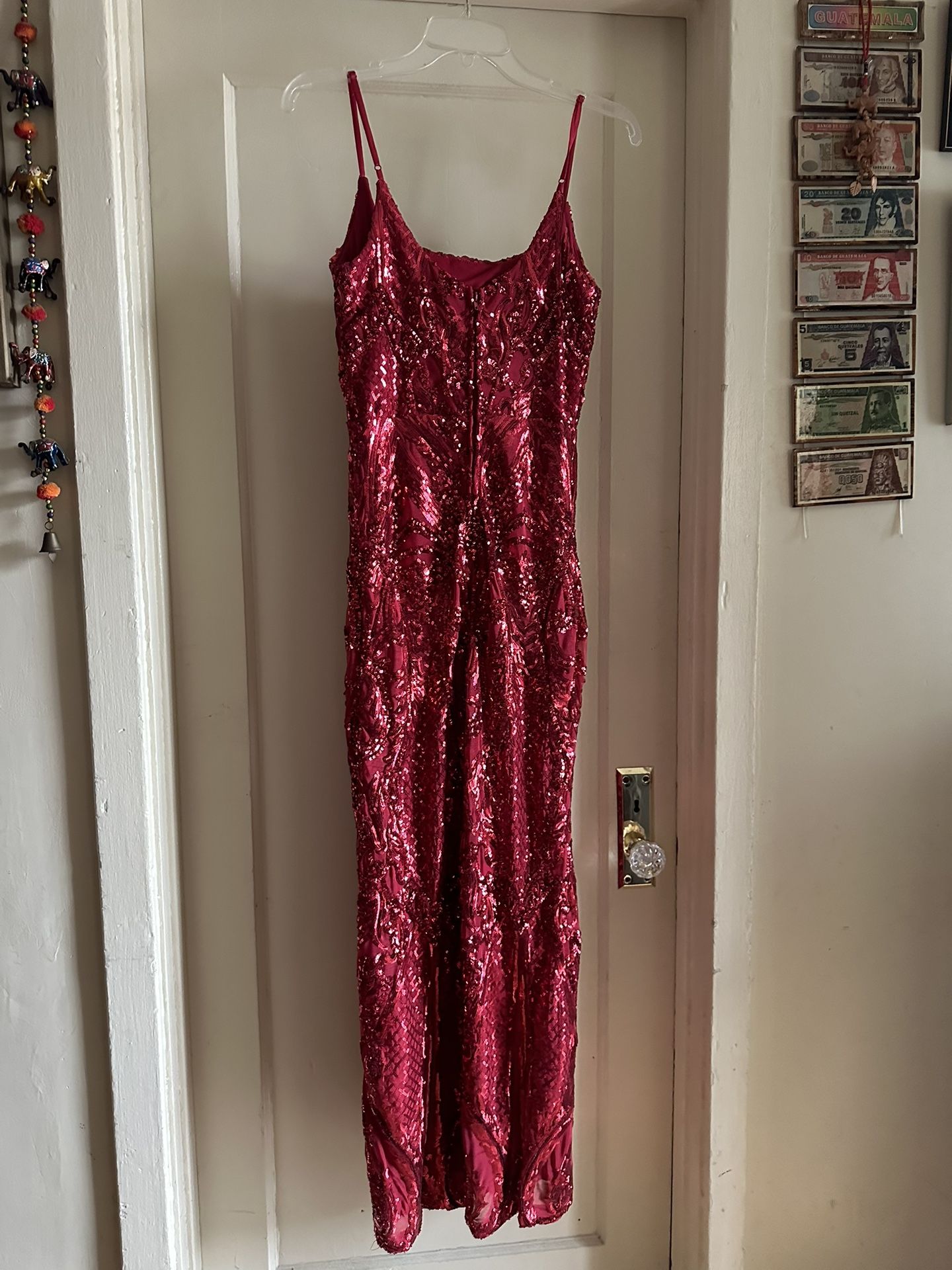 Red Sequin Long Evening Dress In Excellent Condition Size M  