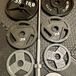 Full Set of Olympic Plates with Brand NEW 7 ft Steel Barbell with Cooper Bearings [ Plates from 45s to 2.5s] Brute: 287 #