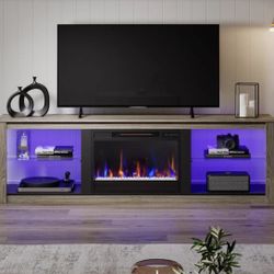 71 in. Freestanding Electric Fireplace TV Stand with Adjustable Shelves in Wash Grey 