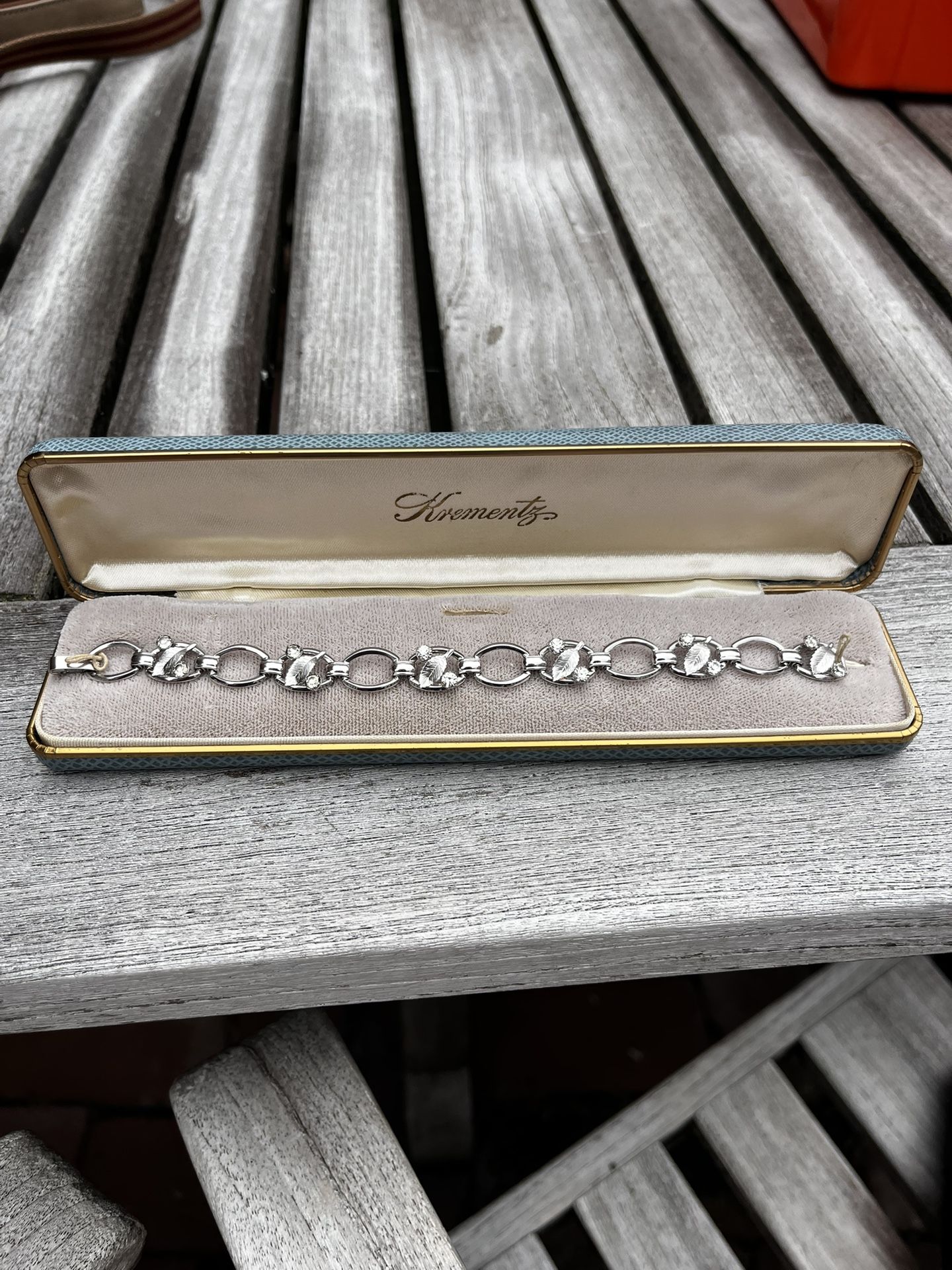 Vintage Silver Toned Krementz Clear Rhinestone Leaf Bracelet