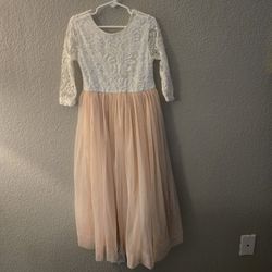 Girl's Long-Sleeved White Lace and Pink Tulle Dress Size 5
