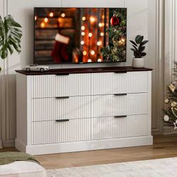 Mid-Century Fluted 6-Drawer Dresser 51.9" Wide Wood Chest with Sleek Metal Handles,White&Walnut