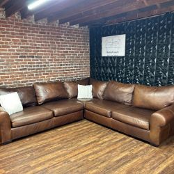 Delivery Available Pottery Barn dark brown leather L shape sectional sofa couch