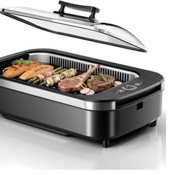 Indoor Smokeless Electric Grill,1500W Electric BBQ Grill with Drip Tray & Tempered Glass Lid, NonStick, 6-Level Control, 90 Min Auto Timer, Removable 
