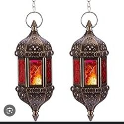 4PCS Moroccan Decorative Candle Lantern Metal Hanging Tealight Candlestick Holder Glass Indoor Outdoor LED Flameless Candle Holder 13.8 inches Chain 