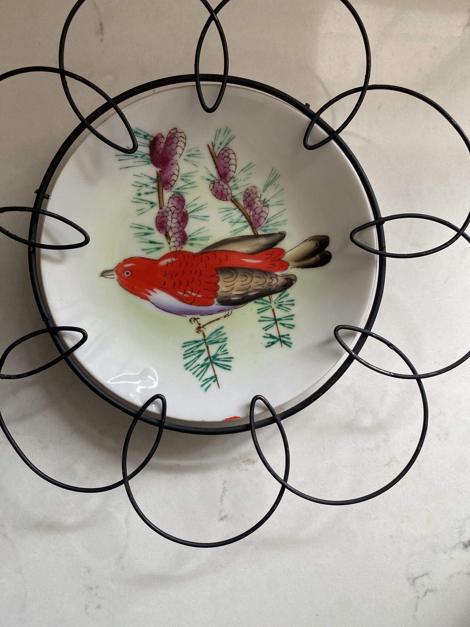 Lovely Vintage Wire Trimmed Plate With Red Bird, Wall Decor, Made In Japan, 6.5" Wonderful for a gallery wall