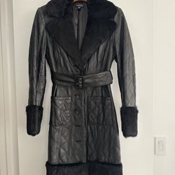 BB Knee Length Leather Coat With Fur Size Small In Very Good Condition 