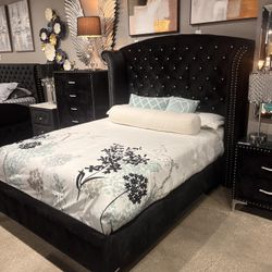 Black Velvet Material Bedroom Set Queen 