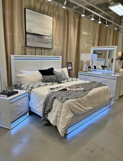  Stylish 5-piece bedroom set features a lacquer finish, LED light, and a soft-touch headboard 