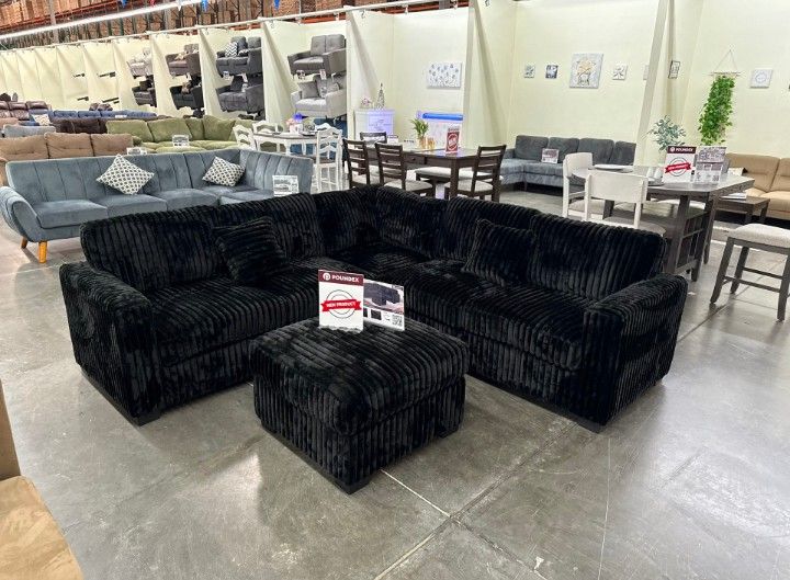 Stylish Sectional Sofa With Ottoman Black Fur Like Jumbo Corduroy