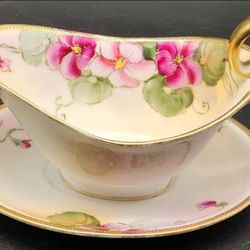 Nippon Bone China Hand-Painted Gravy Boat w/ Under Plate c. Late 1800s - Early 1900s Antique