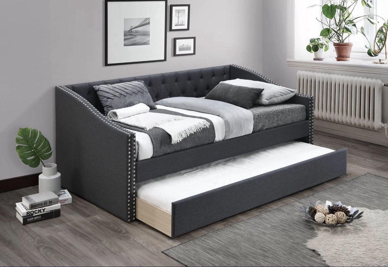 New Twin Size Day Bed w/ Slats + Trundle Charcoal Color.