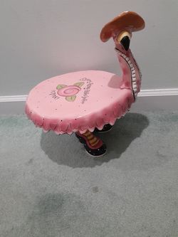 Collectible retired blue sky Miss Precious pink flamingo footed cake stand 2010