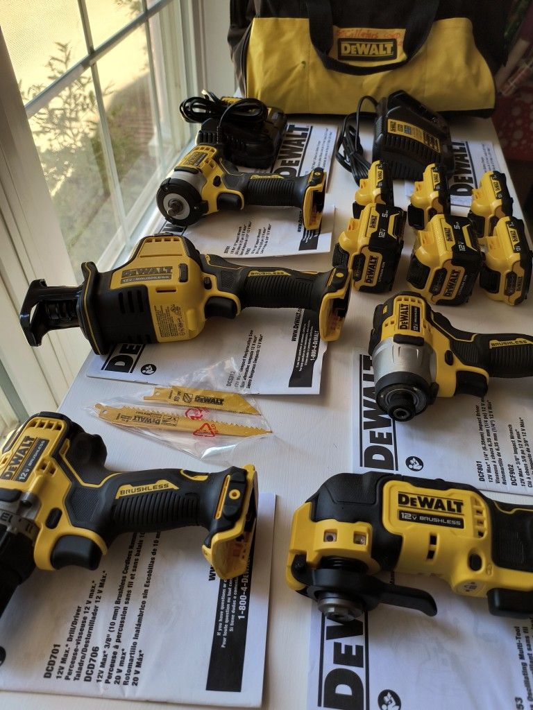 NEW DeWalt 12v Max 5 Tools, 6 Batteries & More