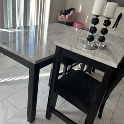 Grey/ Black Marble Dining Table And  Side Table With 3 Stools