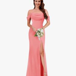 NEW Coral Off The Shoulder Bridesmaid Dresses for Women Long Chiffon Formal Evening Dress with Slit