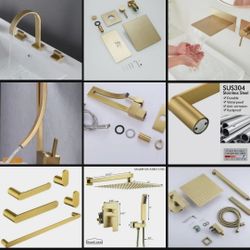 Luxury Sturdy 8 Plumbing Fixtures Solid Brass With Accessory Set In Brushed Gold