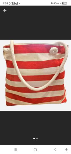 Red and white striped canvas tote bag with rope handles #beach ❤️🤍✨