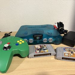 Nintendo 64 N64 Console Ice Blue/Clear w/ 2 Games Tested/Working