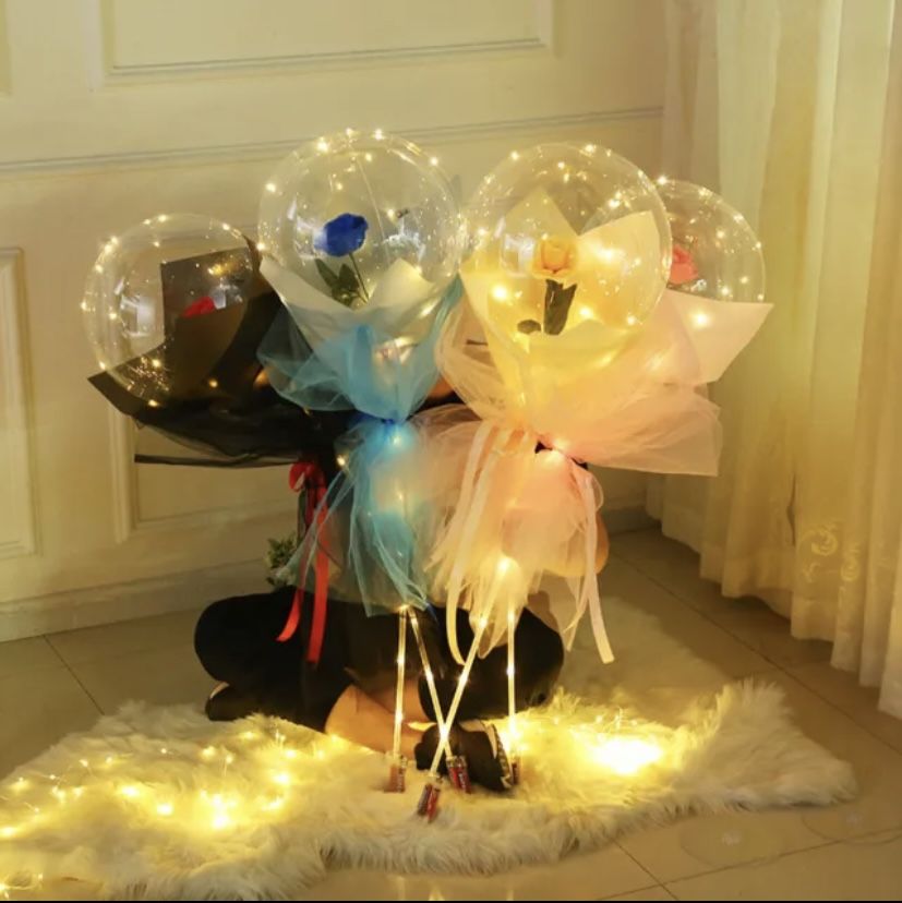 LED Luminous Balloon Rose Bouquet, Perfect Decoration Waterproof Reusable Transparent Bobo Ball Flower, DIY Material Wedding Birthday Holiday Party Ce