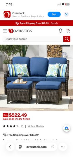OVIOS 3-piece Patio Wicker Sofa with Ottomans - Navy Blue-Brown Wicker