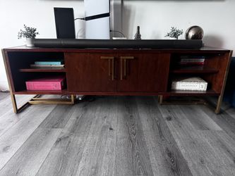 Mid-Century Modern Wood TV Stand with Gold Accents