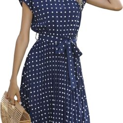  Women's Summer Polka Dot Pleated Dress Vintage Elegant Casual Printed Slim Beach Dress Party Prom Boho Dresses