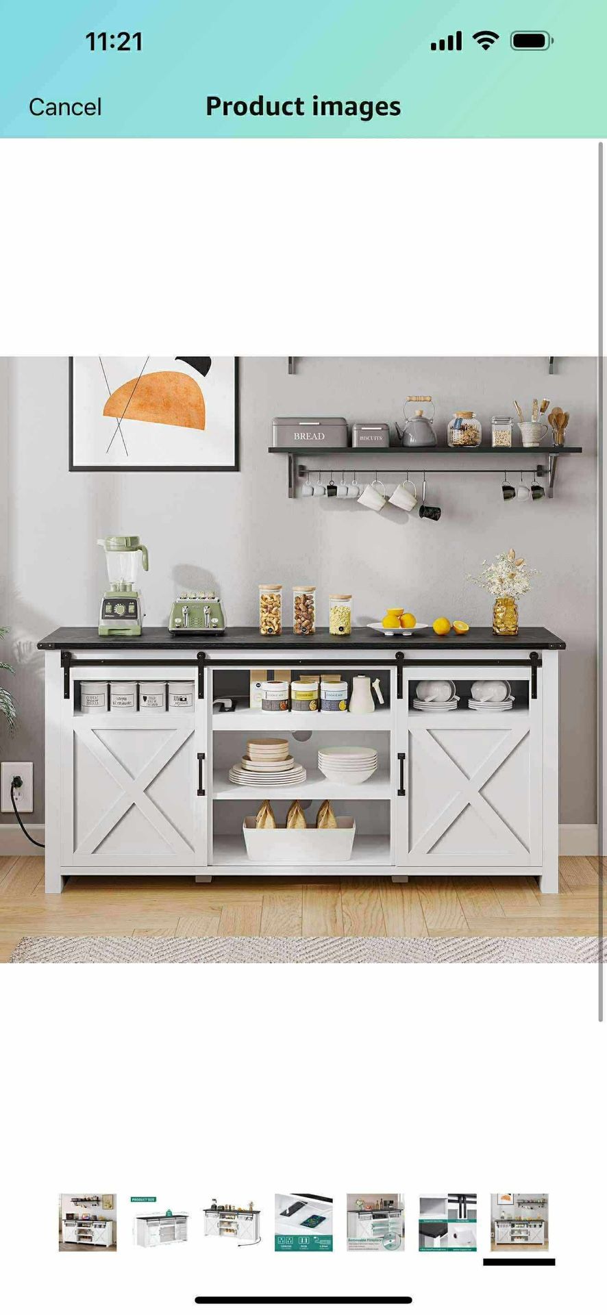 Buffet Storage Cabinet with Power Outlet, 66'' Farmhouse Sideboard Buffet Cabinet w/Sliding Barn Doors and Adjustable Shelf, Large Coffee Bar for Kitc