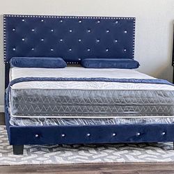 Brand New Queen Size Blue Bed Frame With New Mattress & Box Spring/Fast Delivery 