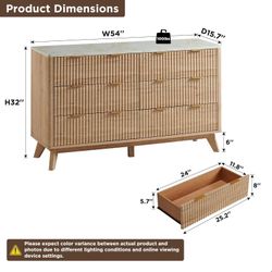  6 Drawers Double Dresser with Faux Marble Top, 54'' Wood Storage Side Cabinet Chest of Drawer, Natural Oak