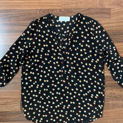 Zara Collection women black button down Small w yellow flowers Adjustable sleeve