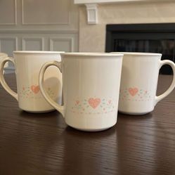Corning Ware Coffee Cups, Corning Ware Corelle Forever Yours, Peach Hearts 3.75” 