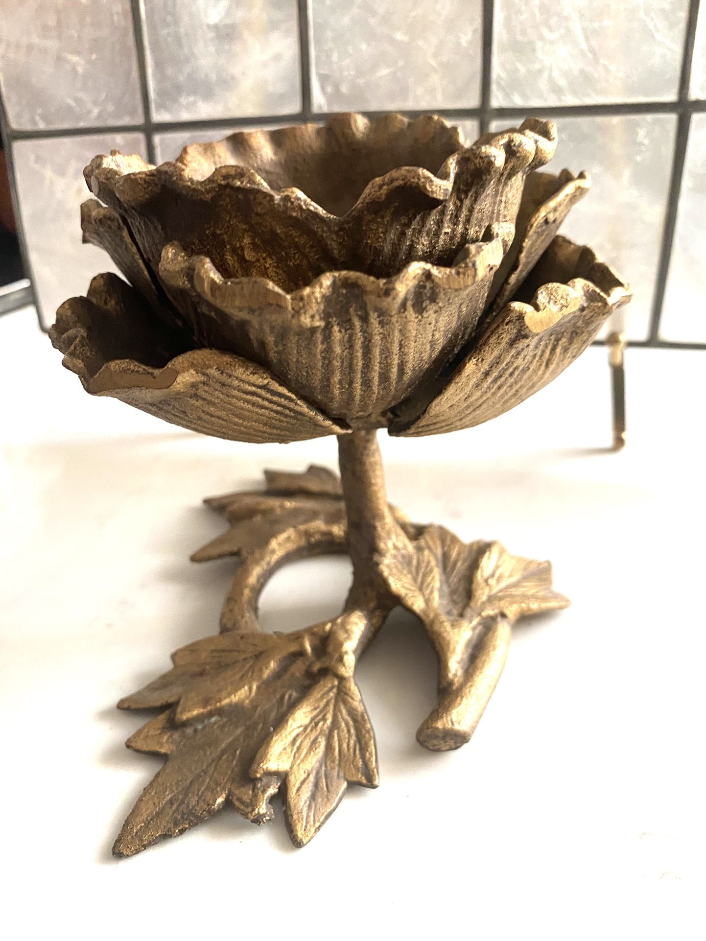 Vintage Floral Antique Gold Cast Iron Rose Petals Flower Decor Candle Holder - Heavy Approximately 5 inches tall by 6 inches wide