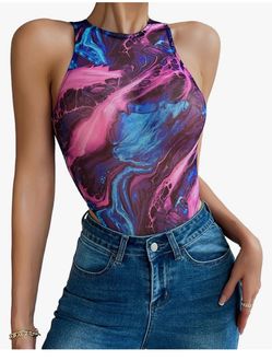 Women Rave Outfit Sexy Mesh Teddy Lingerie Bodysuit Tie Dye Mock Neck Sleeveless Body Suit Tops