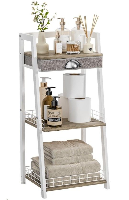 NEW 3-Tier Small Bathroom Shelves with Drawer Floor Storage Shelf Small Bathroom Stand Rack, Freestanding Ladder Shelf for Living Room Bedroom, White