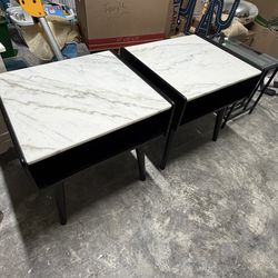 Pair Modern Marble Top Side Tables Black Frame