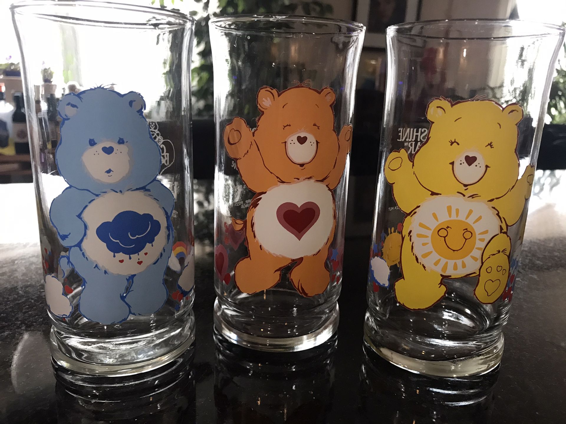 Funshine Bear AND Set of 3 Care Bear Collectible Glasses from 1983