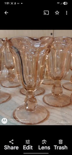 Eight Pink Depression Glass Rifle Top Pedestal Ice Cream Bowls