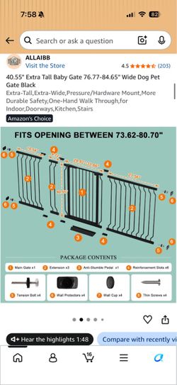 40.5” Extra Tall 74-80” Wide Baby Pet Gate Black