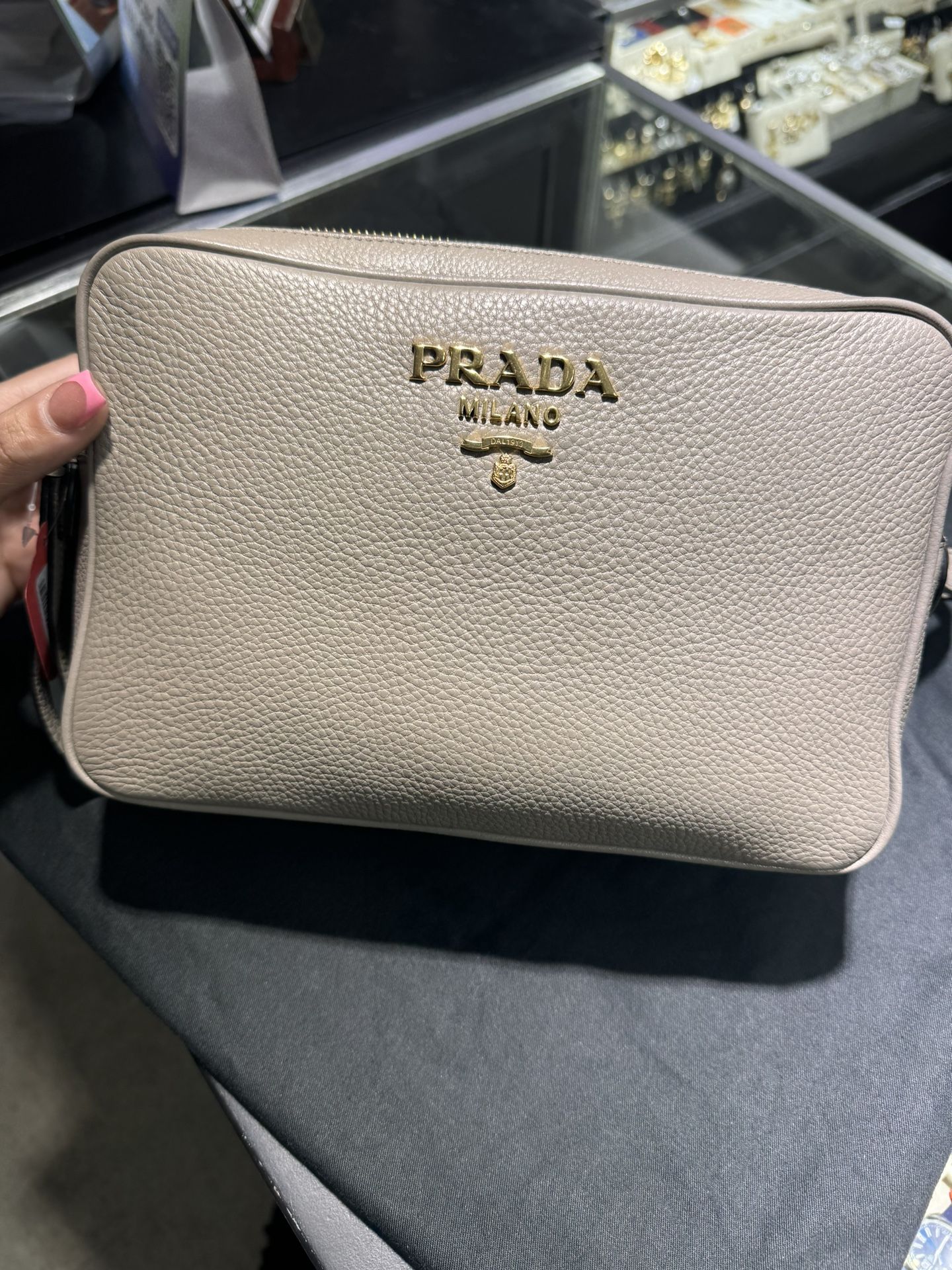 Prada Argilla Grey Vitello Phenix Leather Double Zip Crossbody Bag