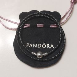 PANDORA Black Double Wrap Leather Sterling Silver Charm Bracelet #590745CBK-D